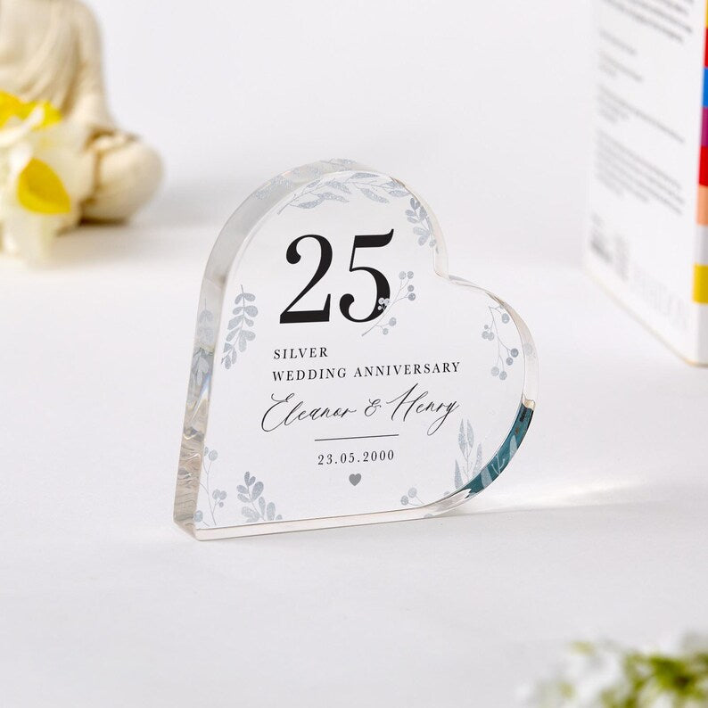 Personalised 25th Wedding Anniversary Gift Silver Anniversary Present Heart-Shaped Acrylic Plaque Custom Keepsake with Names Date Mum Dad