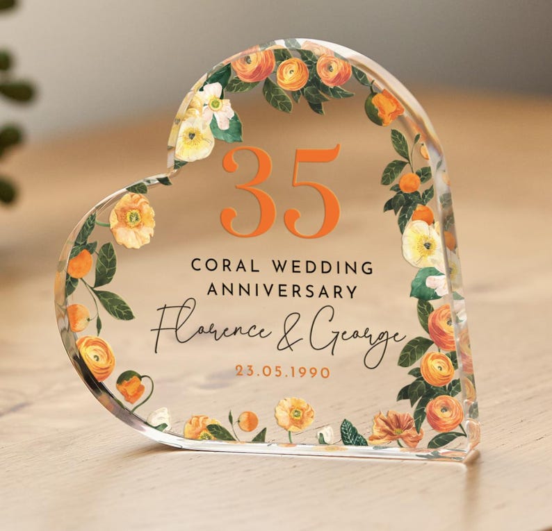 Personalised 35th Wedding Anniversary Gift Coral Anniversary Present Heart-Shaped Acrylic Plaque Custom Keepsake with Names & Date Floral