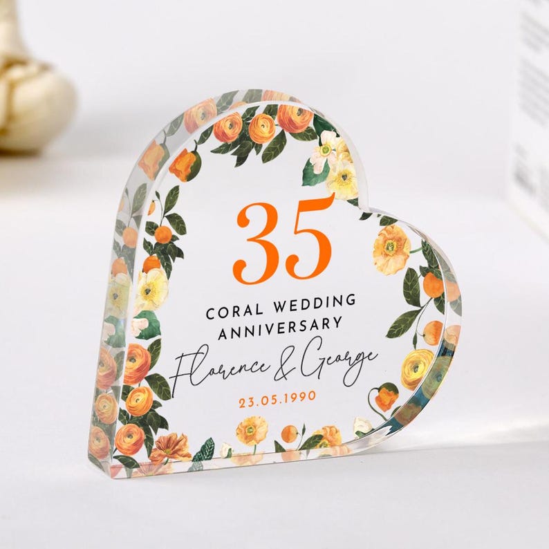 Personalised 35th Wedding Anniversary Gift Coral Anniversary Present Heart-Shaped Acrylic Plaque Custom Keepsake with Names & Date Floral