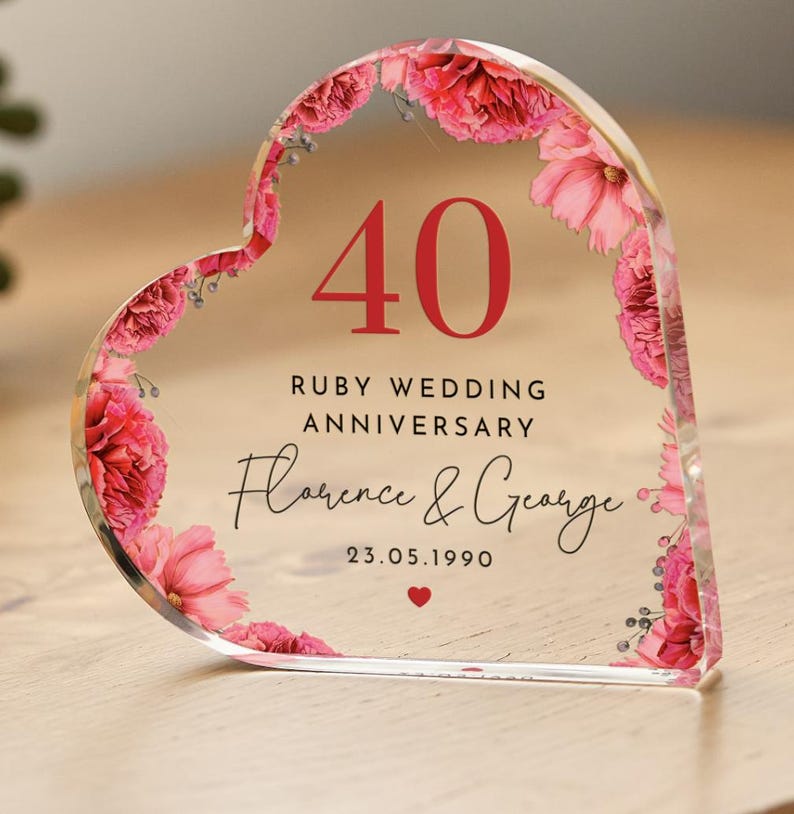 Personalised 40th Wedding Anniversary Gift Ruby Anniversary Heart-Shaped Acrylic Plaque Custom Keepsake with Names & Date Romantic Mum Dad