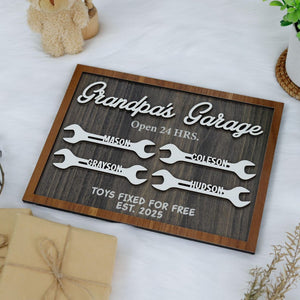 Grandpa's Garage Wood Sign, Fathers Day Wood Sign, Layered Wood Sign for Dad Workshop, Grandpa Wood Plaque, Personalized Gift from Kid