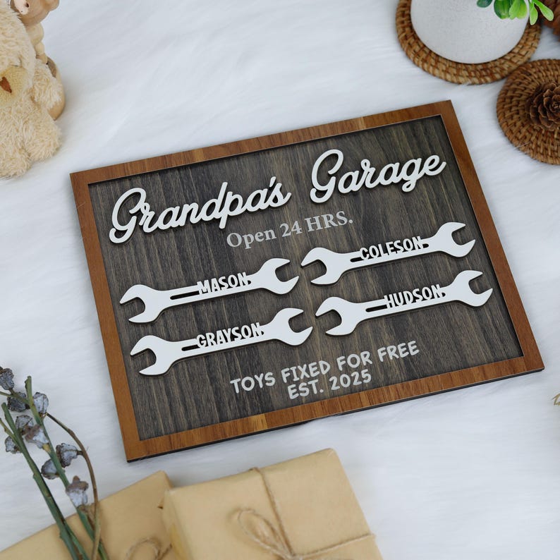 Grandpa's Garage Wood Sign, Fathers Day Wood Sign, Layered Wood Sign for Dad Workshop, Grandpa Wood Plaque, Personalized Gift from Kid