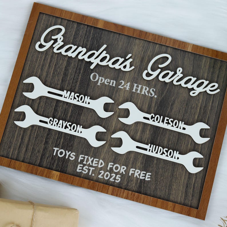 Grandpa's Garage Wood Sign, Fathers Day Wood Sign, Layered Wood Sign for Dad Workshop, Grandpa Wood Plaque, Personalized Gift from Kid