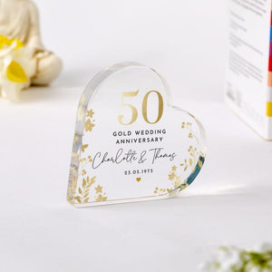 Personalised 50th Wedding Anniversary Gift Gold Anniversary Heart-Shaped Acrylic Plaque Golden Keepsake with Names Date Gift for Couples