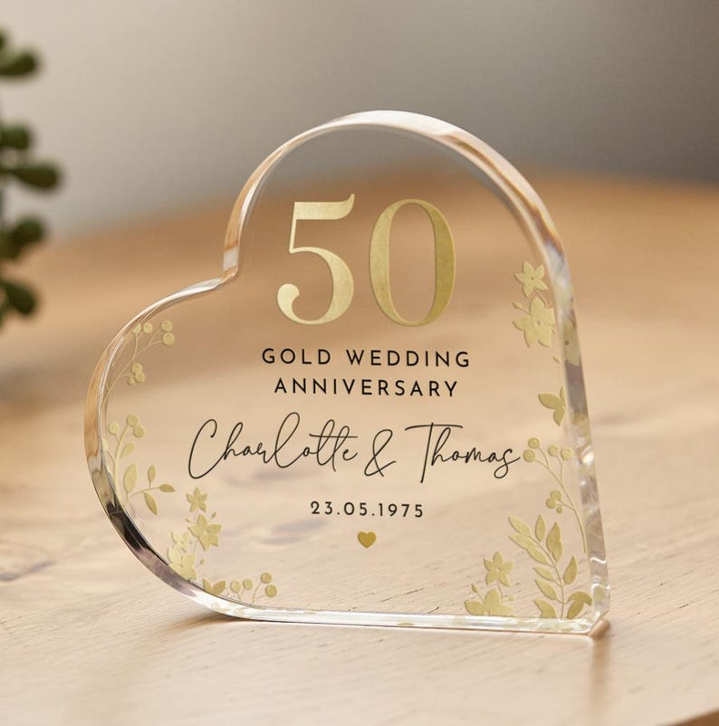 Personalised 50th Wedding Anniversary Gift Gold Anniversary Heart-Shaped Acrylic Plaque Golden Keepsake with Names Date Gift for Couples