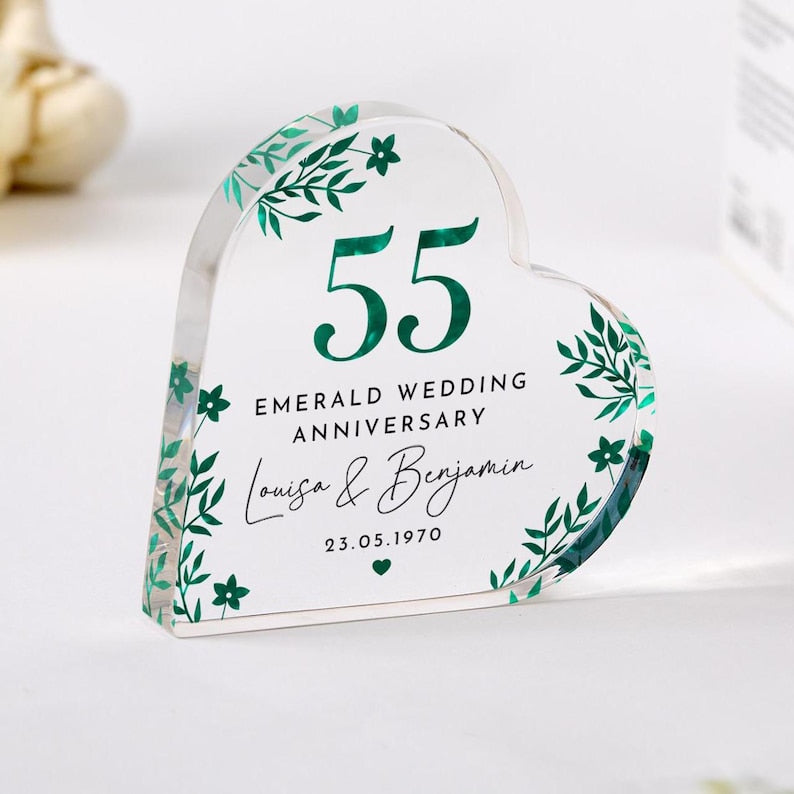 Personalised 55th Wedding Anniversary Gift Emerald Anniversary Heart-Shaped Acrylic Plaque Keepsake with Names Date Elegant Green Floral