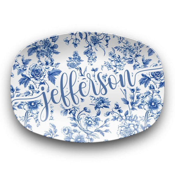 Personalized Toile de Jouy Platter, Custom Family Name Plate, Wedding Gift for Couple, Blue Floral French Country Home Decor