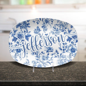 Personalized Toile de Jouy Platter, Custom Family Name Plate, Wedding Gift for Couple, Blue Floral French Country Home Decor