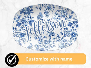 Personalized Toile de Jouy Platter, Custom Family Name Plate, Wedding Gift for Couple, Blue Floral French Country Home Decor