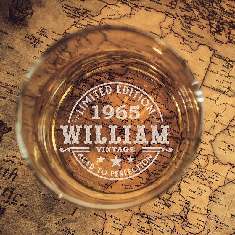 Custom 60th Birthday Whiskey Glass - Personalized Vintage Rock Glass Gifts for Men, Gift for Bourbon Lovers