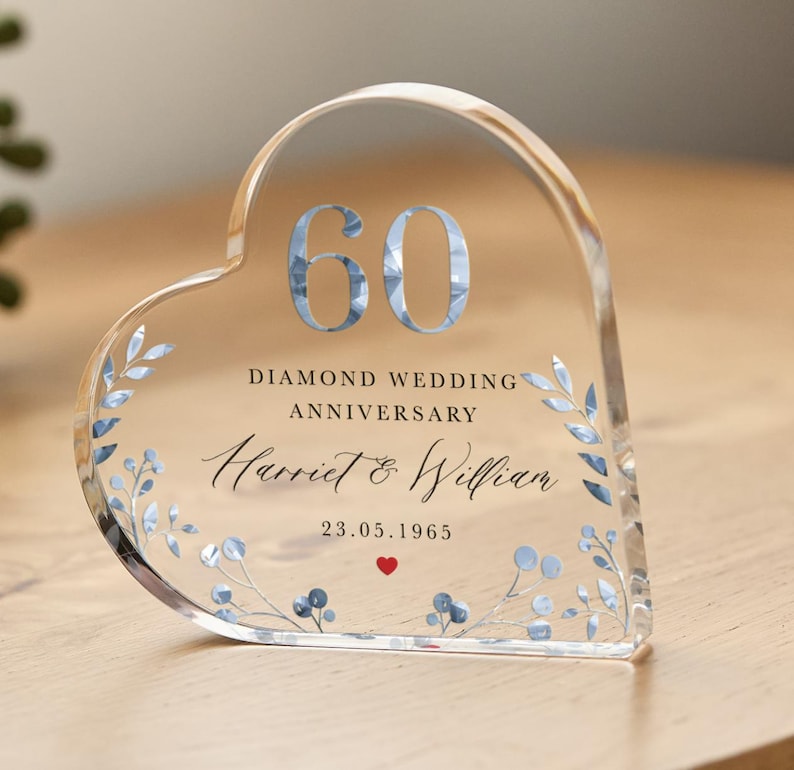 Personalised 60th Wedding Anniversary Gift Diamond Anniversary Heart-Shaped Acrylic Plaque Custom Keepsake Names & Date Elegant Blue Floral