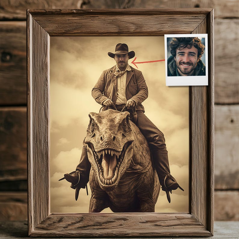 Personalized Cowboy Riding Dinosaur Portrait from Photo, Unique Vintage Decor, Custom Retro Funny Gift for Fantasy Lovers