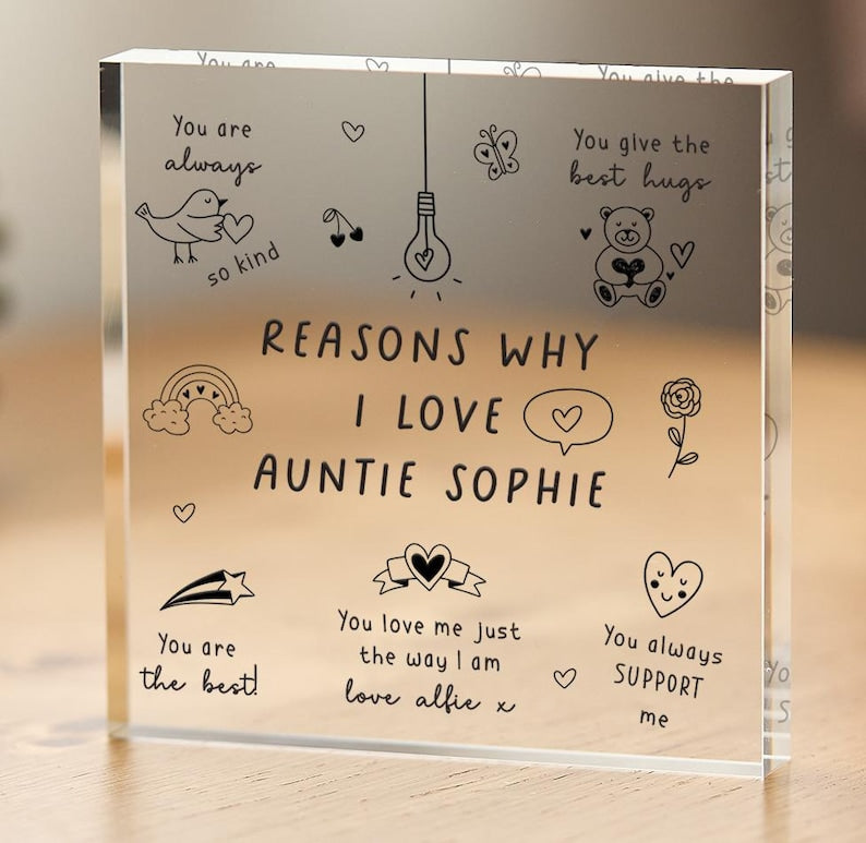 Personalised Auntie Gift Reasons Why I Love You Aunt Birthday Christmas Mother's Day Acrylic Plaque Custom Message from Niece Nephew