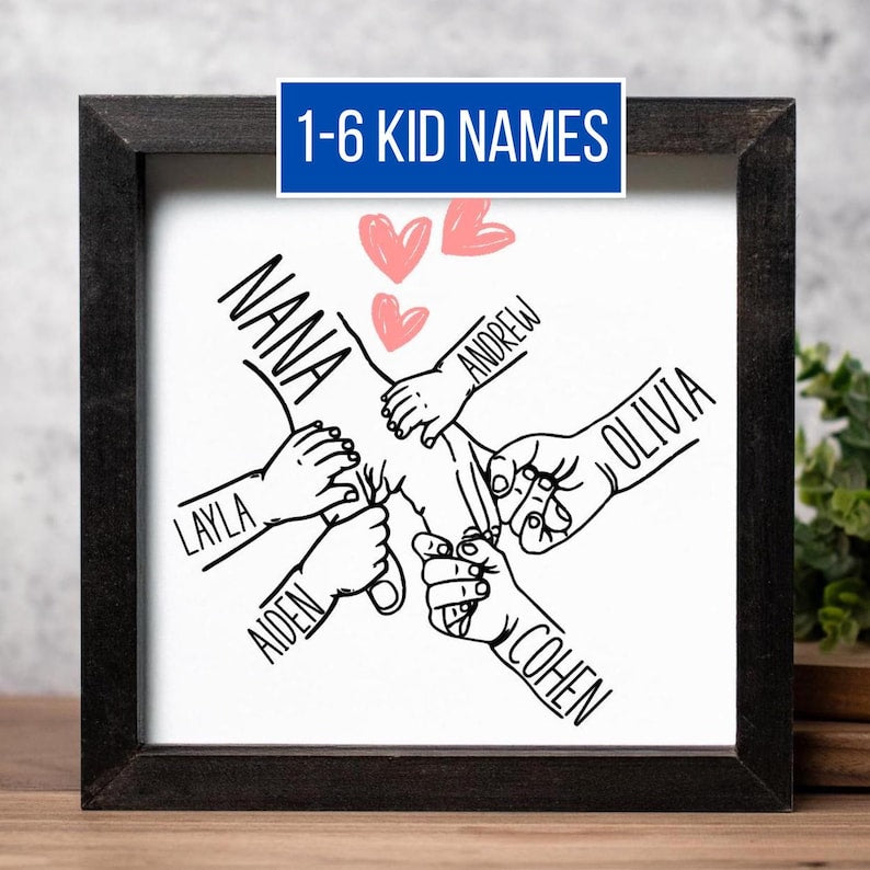 Personalized Mom Holding Kids Hands Sign, Mothers Day Gift Personalized Gift for Mom with Kids Names Rustic Framed Wooden Sign for Mom Gifts
