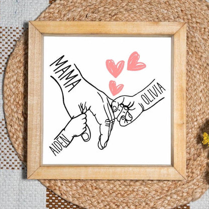 Personalized Mom Holding Kids Hands Sign, Mothers Day Gift Personalized Gift for Mom with Kids Names Rustic Framed Wooden Sign for Mom Gifts