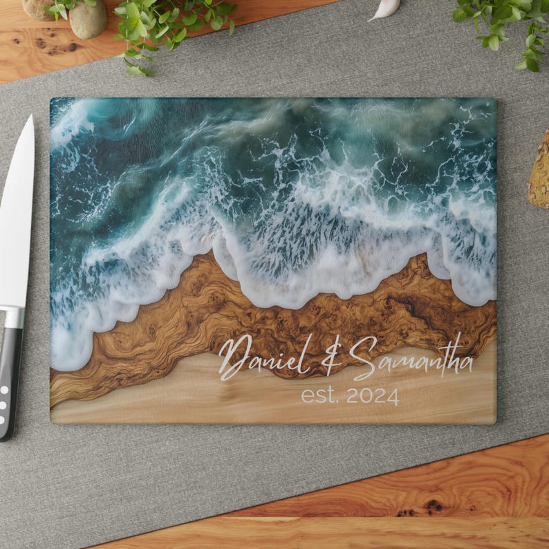 Decorative Glass Anniversary Cutting Board - Couples Wedding Chopping Block, Bridal Shower Charcuterie Gift, Personalized Name Kitchen Decor