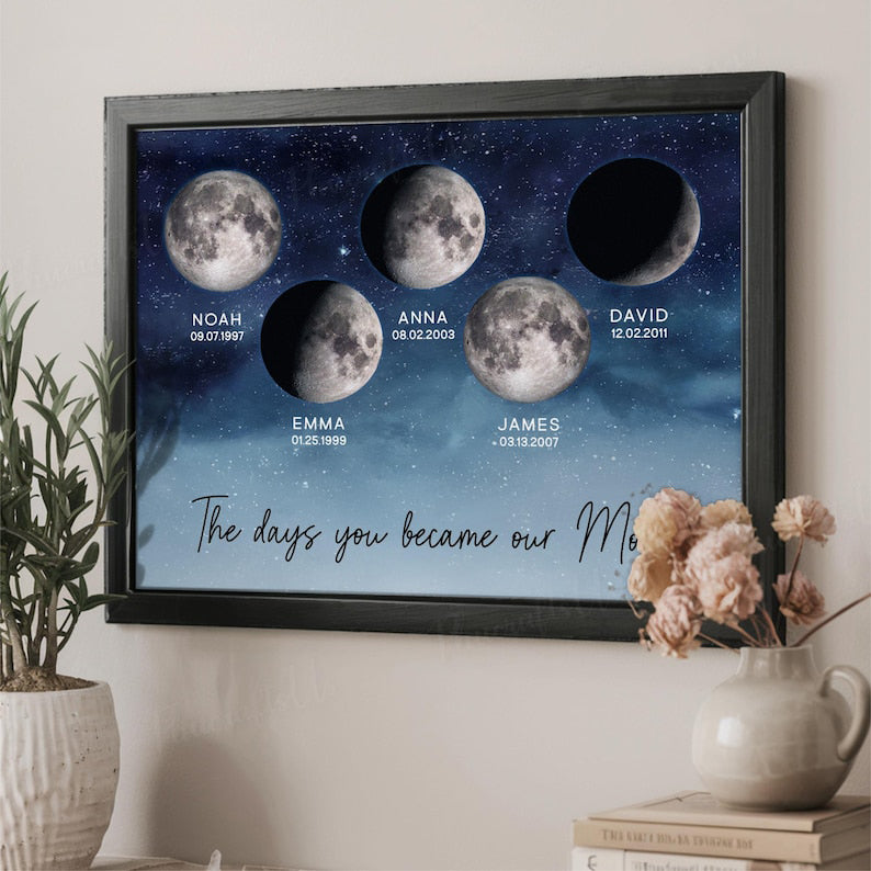 Custom Family Moon Phase Wall Art, Custom Moon By Date Family Gift, Mothers Day Moon Phases Gift, Custom Moon Phase Print, Family Moon Phase