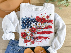 Floral American Flag Sweatshirt, 4th of July Shirt, America Shirt, Patriotic T-Shirt, Coquette 4th Of July Shirt, Retro 4th of July Shirt