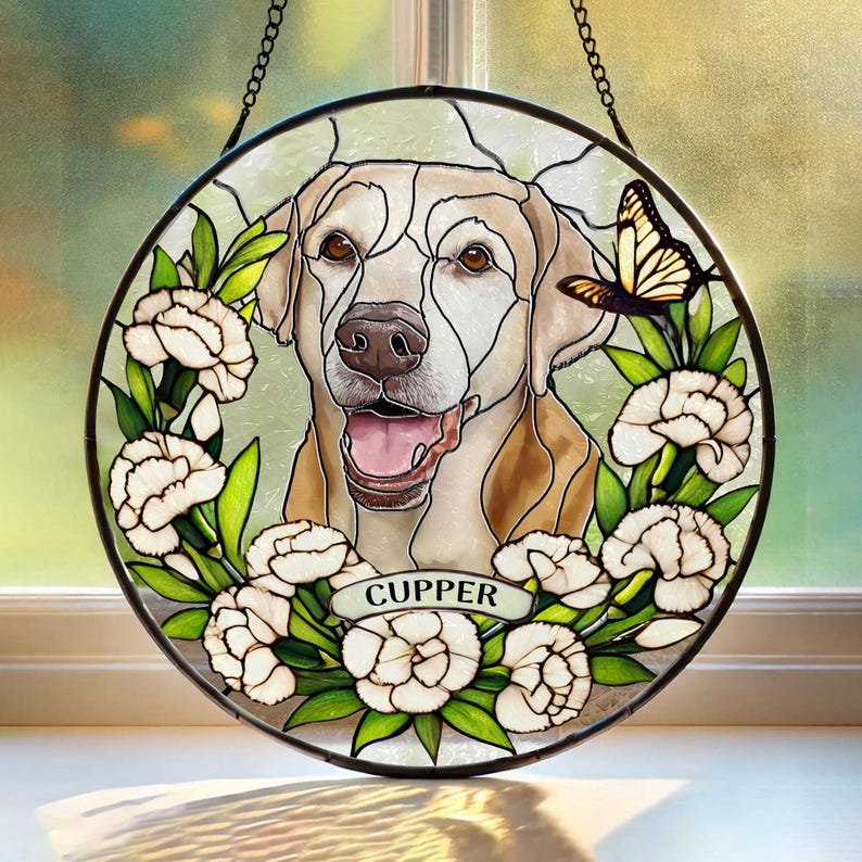 Custom Pet Portrait Stained Glass Suncatcher, Stained Glass Dog Memorial, Custom Dog Portrait from Photo, Sympathy Gifts, Stained glass dog