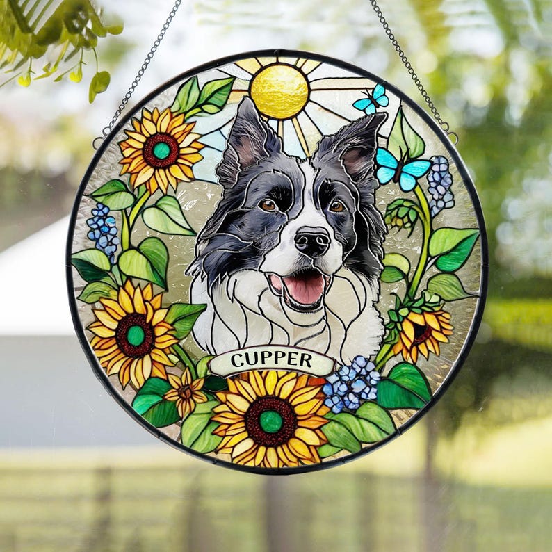 Custom Pet Portrait Stained Glass Suncatcher, Stained Glass Dog Memorial, Custom Dog Portrait from Photo, Sympathy Gifts, Stained glass dog