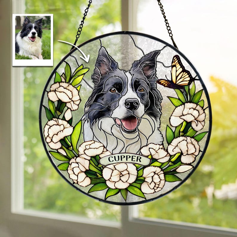 Custom Pet Portrait Stained Glass Suncatcher, Stained Glass Dog Memorial, Custom Dog Portrait from Photo, Sympathy Gifts, Stained glass dog