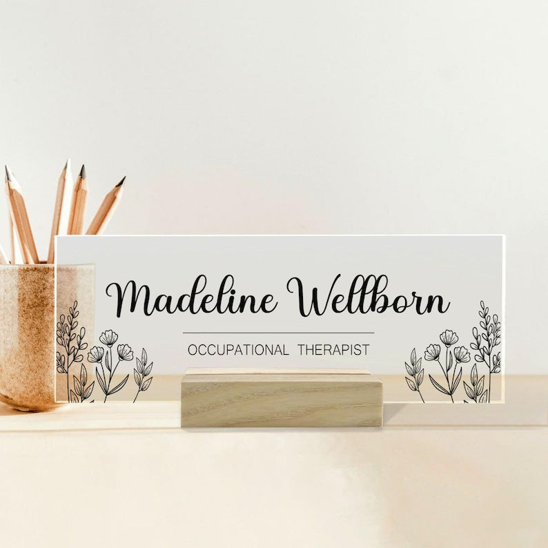 Personalized Desk Name Acrylic Plaque, Custom Office Plate with Name and Position, Floral Name Sign Acrylic Plaque, Gift for Graduation
