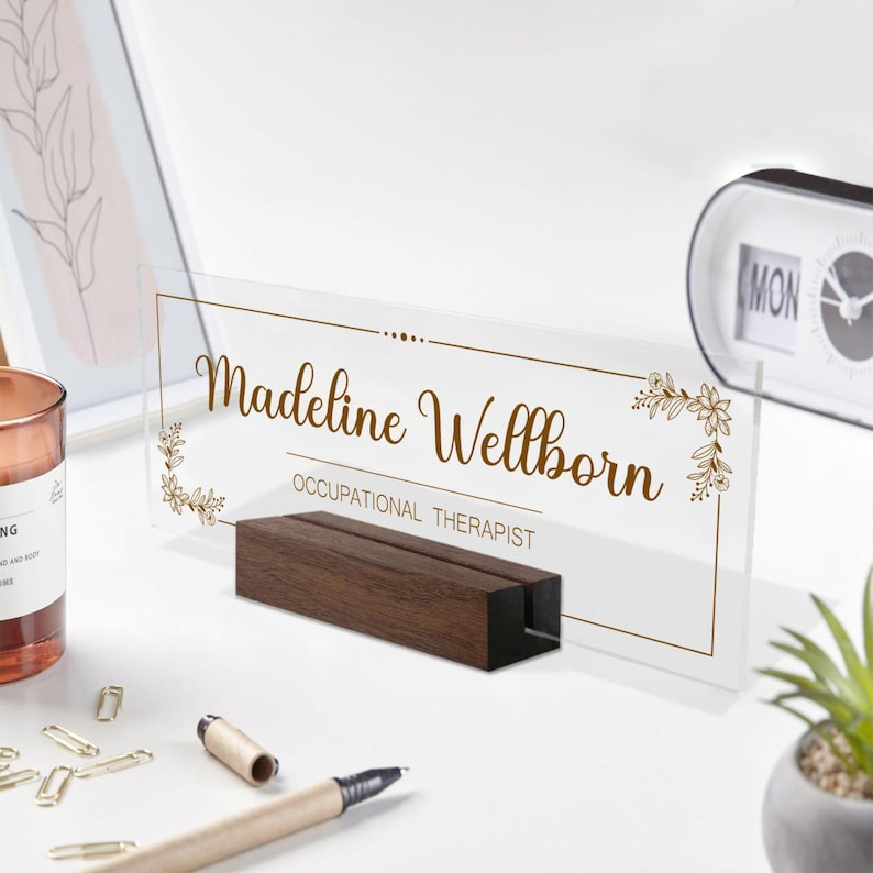 Personalized Desk Name Acrylic Plaque, Custom Office Plate with Name and Position, Floral Name Sign Acrylic Plaque, Gift for Graduation