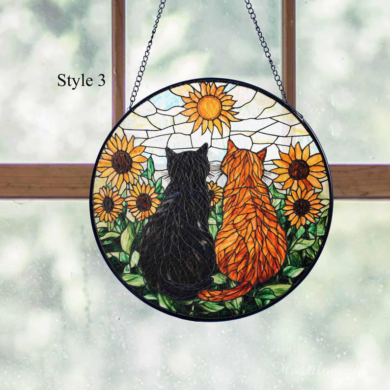 Black Cat and Orange Cat Couple Glass Suncatcher, Cat Couple Suncatcher with Flowers, Cat Window Hanging, Cat Couple Decor/Gift for Cat Moms