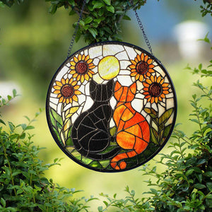 Black Cat and Orange Cat Couple Glass Suncatcher, Cat Couple Suncatcher with Flowers, Cat Window Hanging, Cat Couple Decor/Gift for Cat Moms