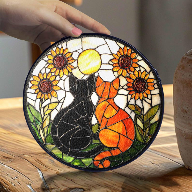Black Cat and Orange Cat Couple Glass Suncatcher, Cat Couple Suncatcher with Flowers, Cat Window Hanging, Cat Couple Decor/Gift for Cat Moms