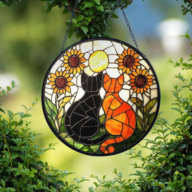 Black Cat and Orange Cat Couple Glass Suncatcher, Cat Couple Suncatcher with Flowers, Cat Window Hanging, Cat Couple Decor/Gift for Cat Moms