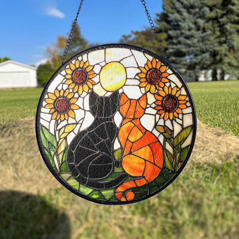 Black Cat and Orange Cat Couple Glass Suncatcher, Cat Couple Suncatcher with Flowers, Cat Window Hanging, Cat Couple Decor/Gift for Cat Moms