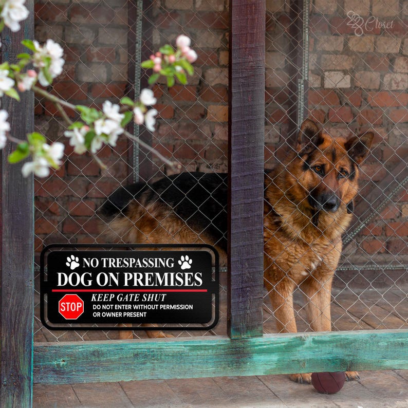 No Trespassing Dog on Premises Sign, Keep Gate Shut Warning, Outdoor Metal Yard Sign, No Trespassing Metal Sign, Beware of Dog Warning