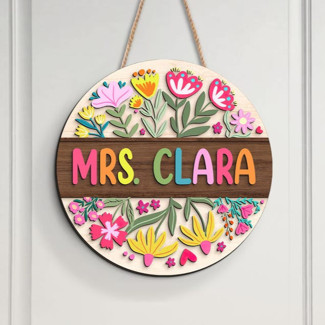 Custom 3D Teacher Door Hanger, Gift For Teacher, Floral Teacher Name Door Hanger, Classroom Decor, Back To School Gift, Teacher Welcome Sign
