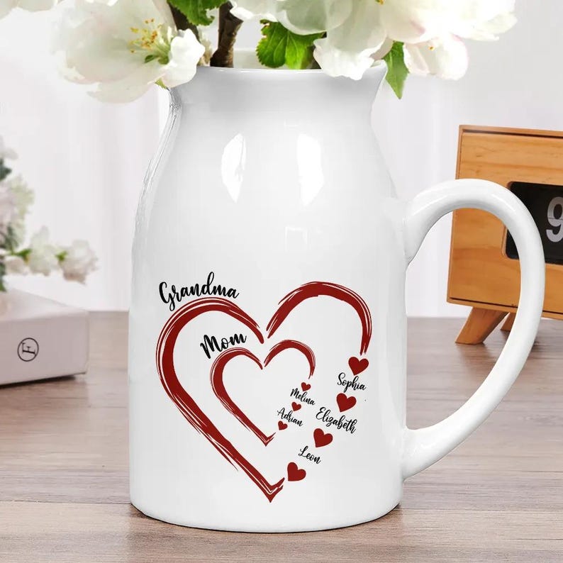 Personalized Family Heart Ceramic Vase Custom Names, Mother's Day Gift