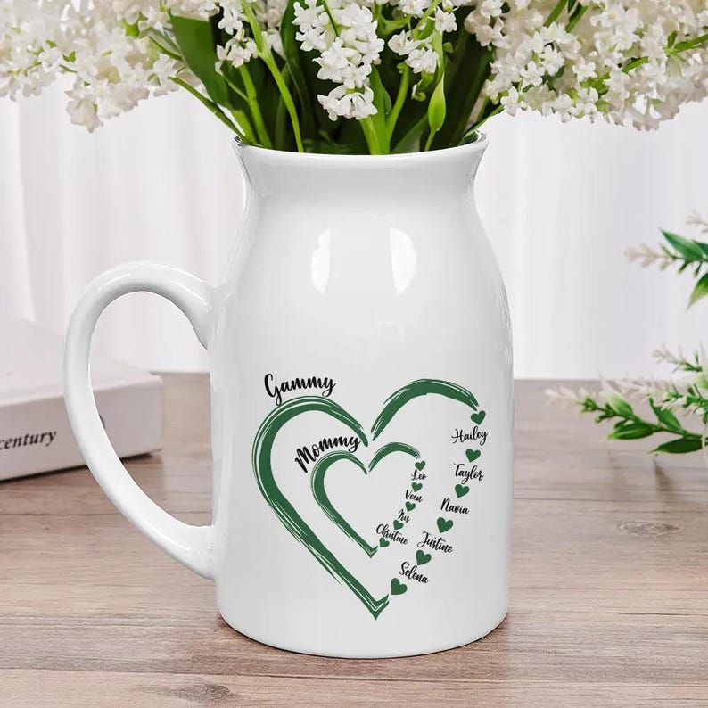 Personalized Family Heart Ceramic Vase Custom Names, Mother's Day Gift