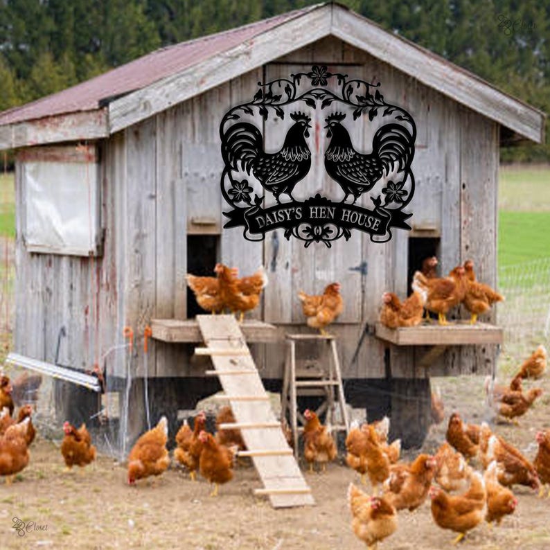 Personalized Metal Chicken Name Sign, Garden Decor, Outdoor Large Sign, Custom Chicken Decor with Flowers, Unique Design Metal Chicken Sign