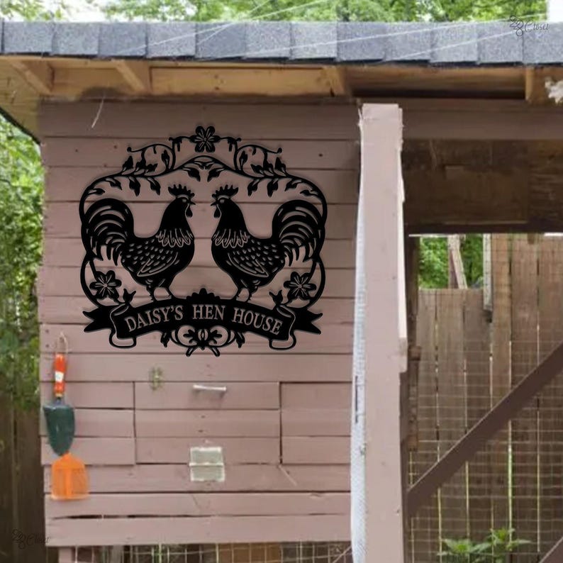 Personalized Metal Chicken Name Sign, Garden Decor, Outdoor Large Sign, Custom Chicken Decor with Flowers, Unique Design Metal Chicken Sign