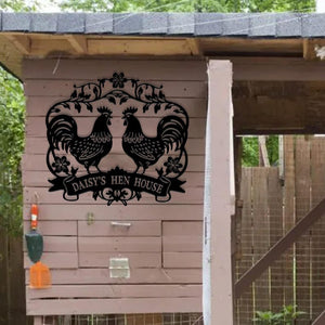 Personalized Metal Chicken Name Sign, Garden Decor, Outdoor Large Sign, Custom Chicken Decor with Flowers, Unique Design Metal Chicken Sign