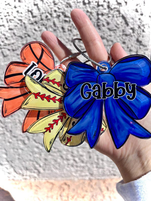Personalized Girls Sports Bag Tag - Custom Name Tag with Bow - Cheer, Softball, Soccer, Basketball Gift