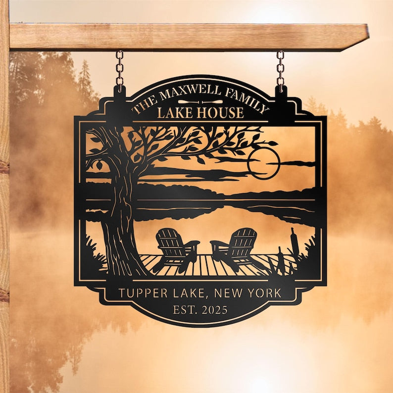 Personalized Lake House Metal Sign Outdoor Decor, Forest Lake Sign Custom Lake House Name Sign, Camping, Lake House Decor, Front Porch Decor