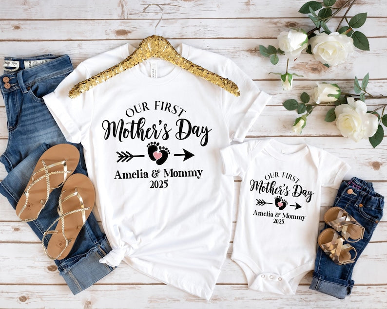 Personalized Matching Our First Mothers Day Shirt, 1st Mother Day Tee and Baby Bodysuit, Custom Mothers Day Gift, Couple New Mom