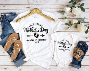 Personalized Matching Our First Mothers Day Shirt, 1st Mother Day Tee and Baby Bodysuit, Custom Mothers Day Gift, Couple New Mom