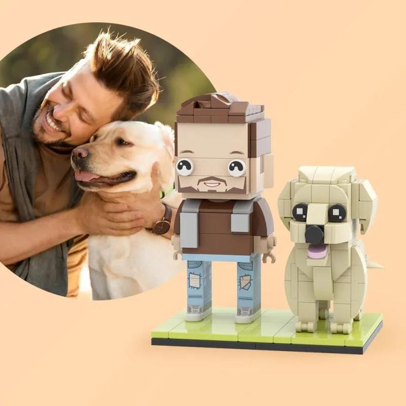 Full Body Custom Brick Figures with Dog Personalized Mini Figure Gift, Cute Custom Block Toy for Pet Lovers, Single Person with Dog Dad Gift