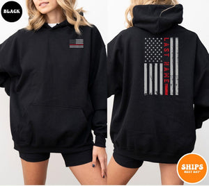 Custom Last Name Firefighter T-shirt | Thin Red Vertical Line Flag | Personalized Firefighter Shirt | Custom Fireman Gift | Comfort Colors