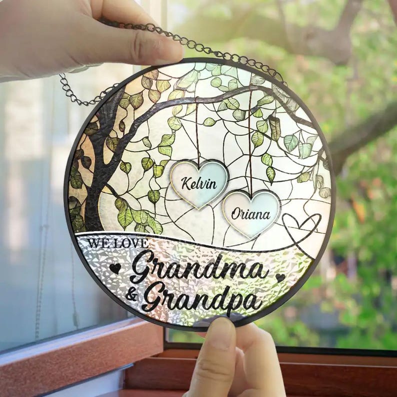 Grandkids Make Life Grand We Love Nana And Papa Personalized Stained Glass Window Hanging Suncatcher, Mother's Day Gift, Birth Flower Gifts