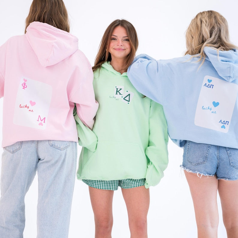 Lucky Me Queen of Hearts Sorority Greek Letter Printed Gildan Hoodie Sweatshirt / Big Little Family Letter Hoodie Sweatshirts / College Gift
