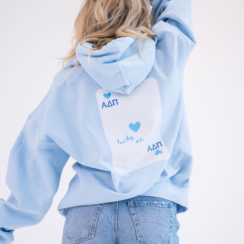 Lucky Me Queen of Hearts Sorority Greek Letter Printed Gildan Hoodie Sweatshirt / Big Little Family Letter Hoodie Sweatshirts / College Gift