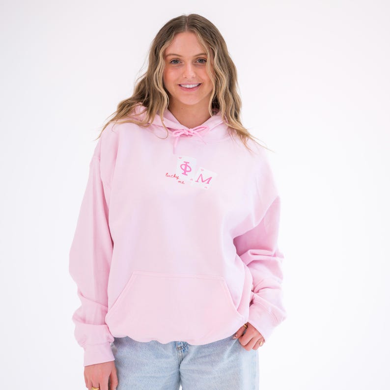 Lucky Me Queen of Hearts Sorority Greek Letter Printed Gildan Hoodie Sweatshirt / Big Little Family Letter Hoodie Sweatshirts / College Gift