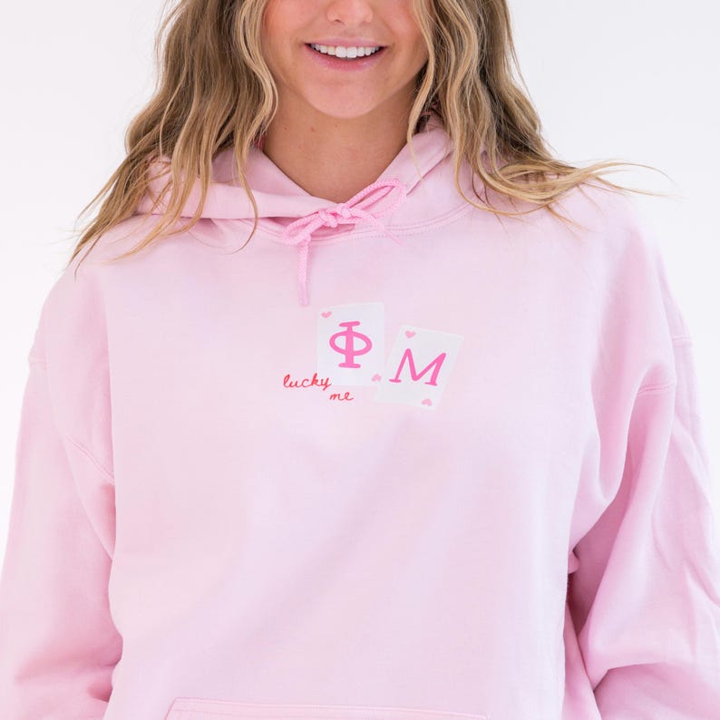 Lucky Me Queen of Hearts Sorority Greek Letter Printed Gildan Hoodie Sweatshirt / Big Little Family Letter Hoodie Sweatshirts / College Gift